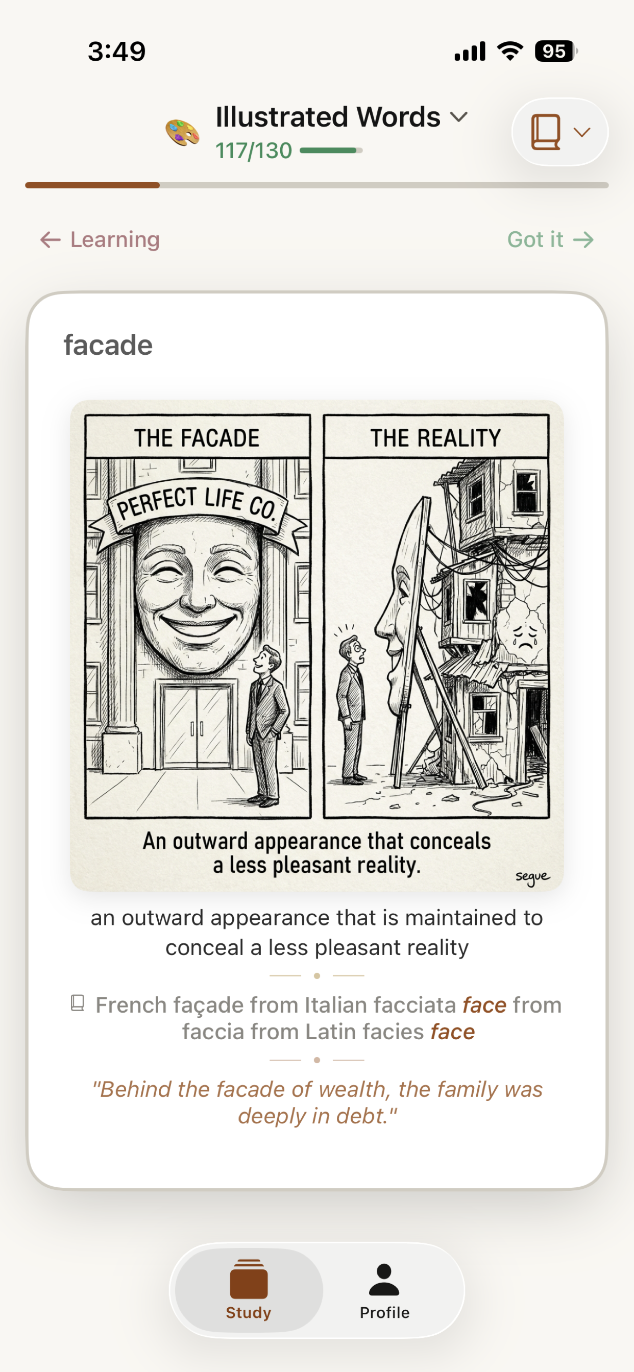 Segue iOS illustrated word card for facade